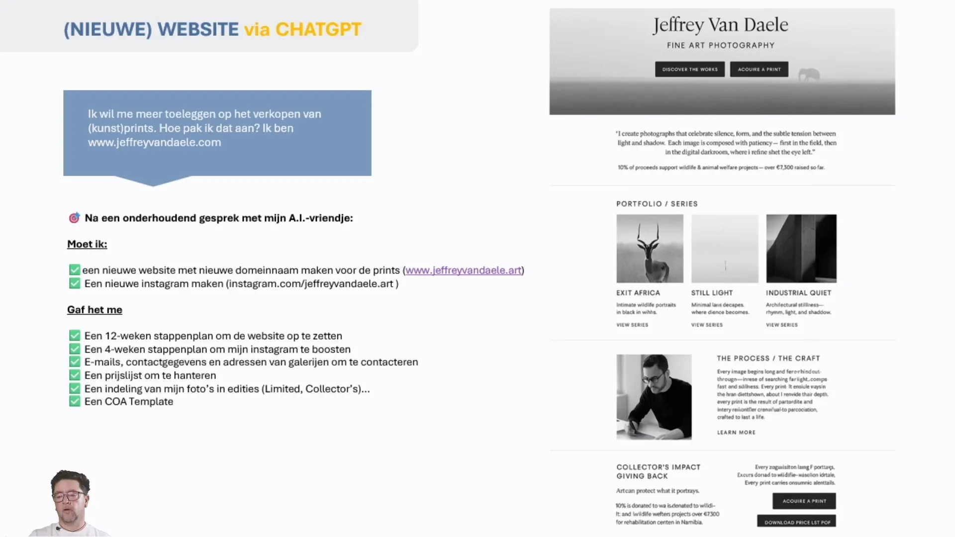Schermafbeelding (Nieuwe) website via ChatGPT met printverkoopstappen: nieuwe website met nieuwe domeinnaam en een 12-weken stappenplan om te starten