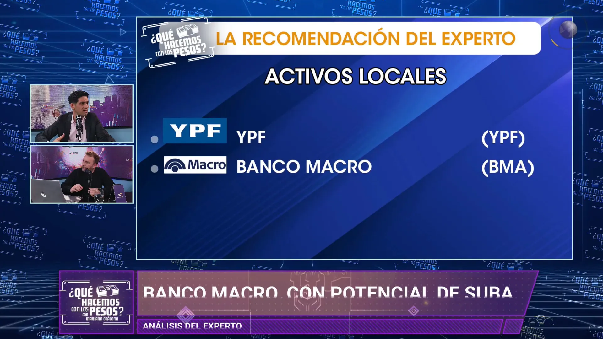 Panel mostrando YPF y Banco Macro en pantalla con indicadores de mercado