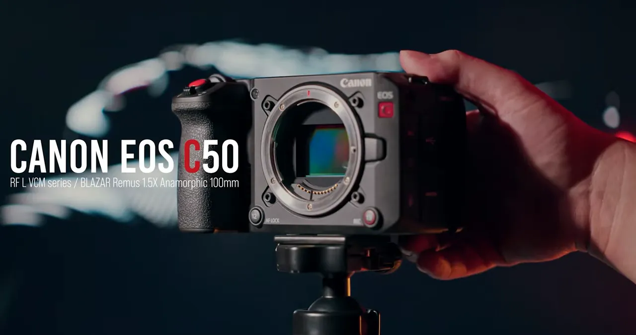 หน้าจอหลัง Canon EOS C50 แสดง video interface พร้อมกรอบเฟรมและข้อมูลบันทึกภาพ