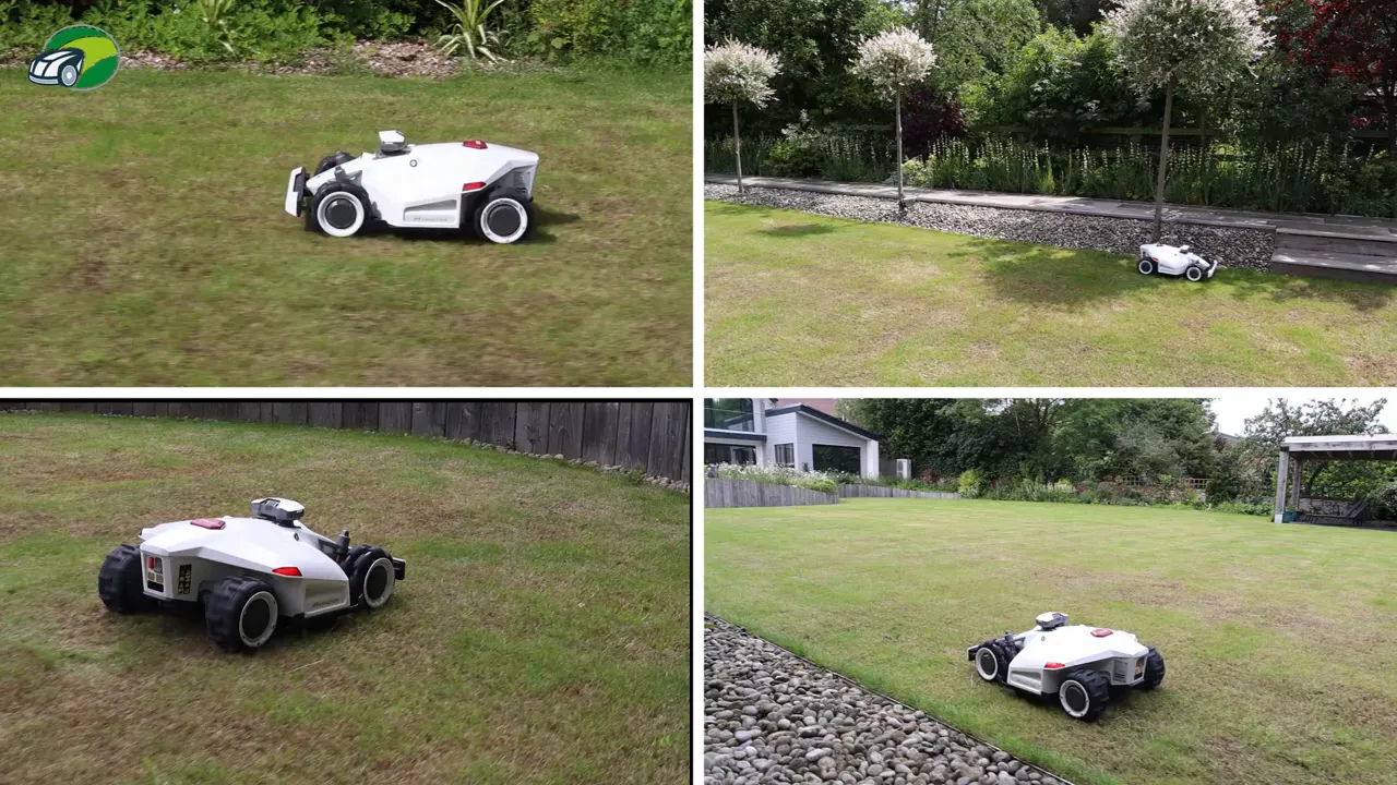 Mammotion Luba 2 AWD robotic mower beside presenter on patio by pond showing wheels and body