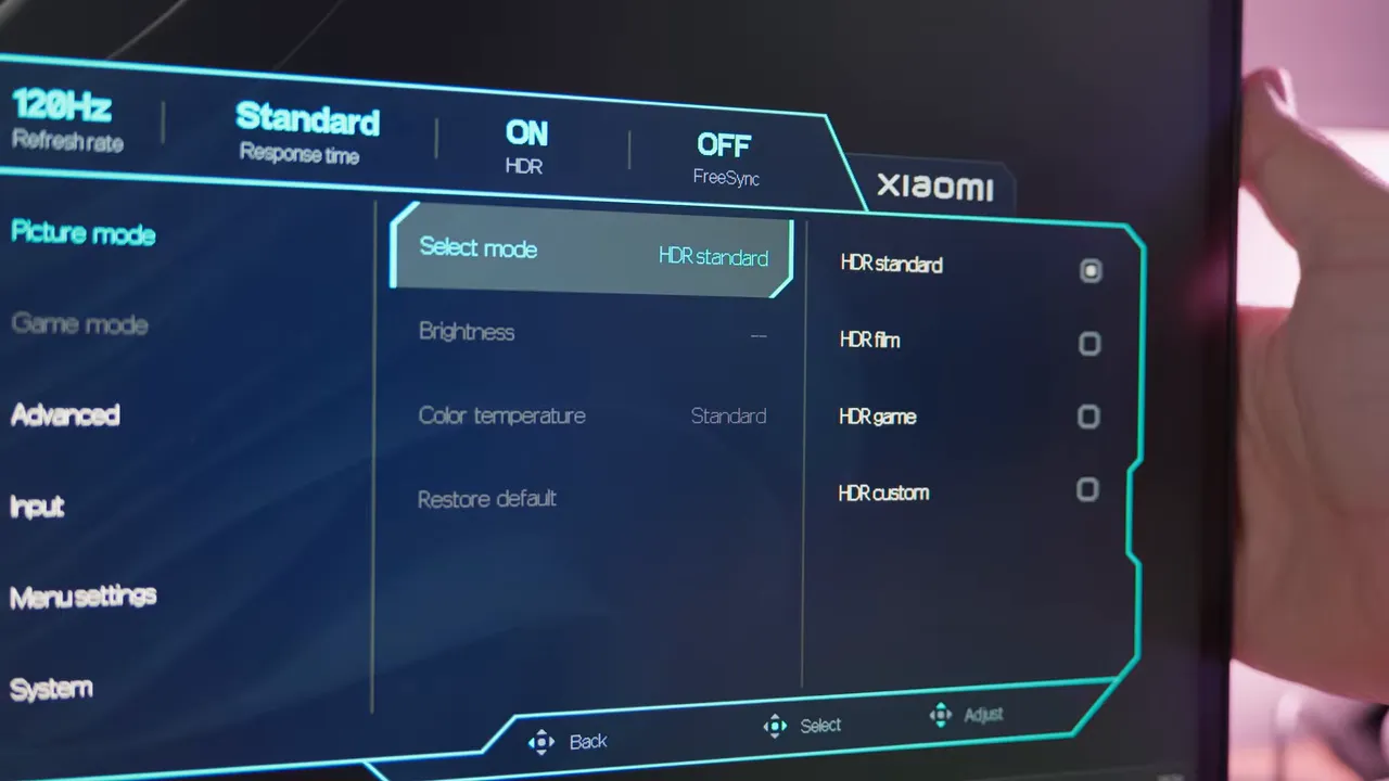 Menú OSD del Xiaomi Mini LED G Pro 27Qi 2026 mostrando opciones HDR Standard y FreeSync