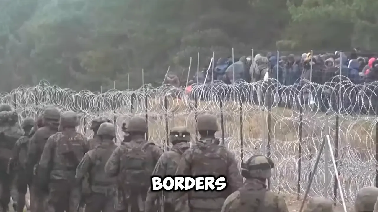 Uniformed personnel standing beside a barbed wire border fence