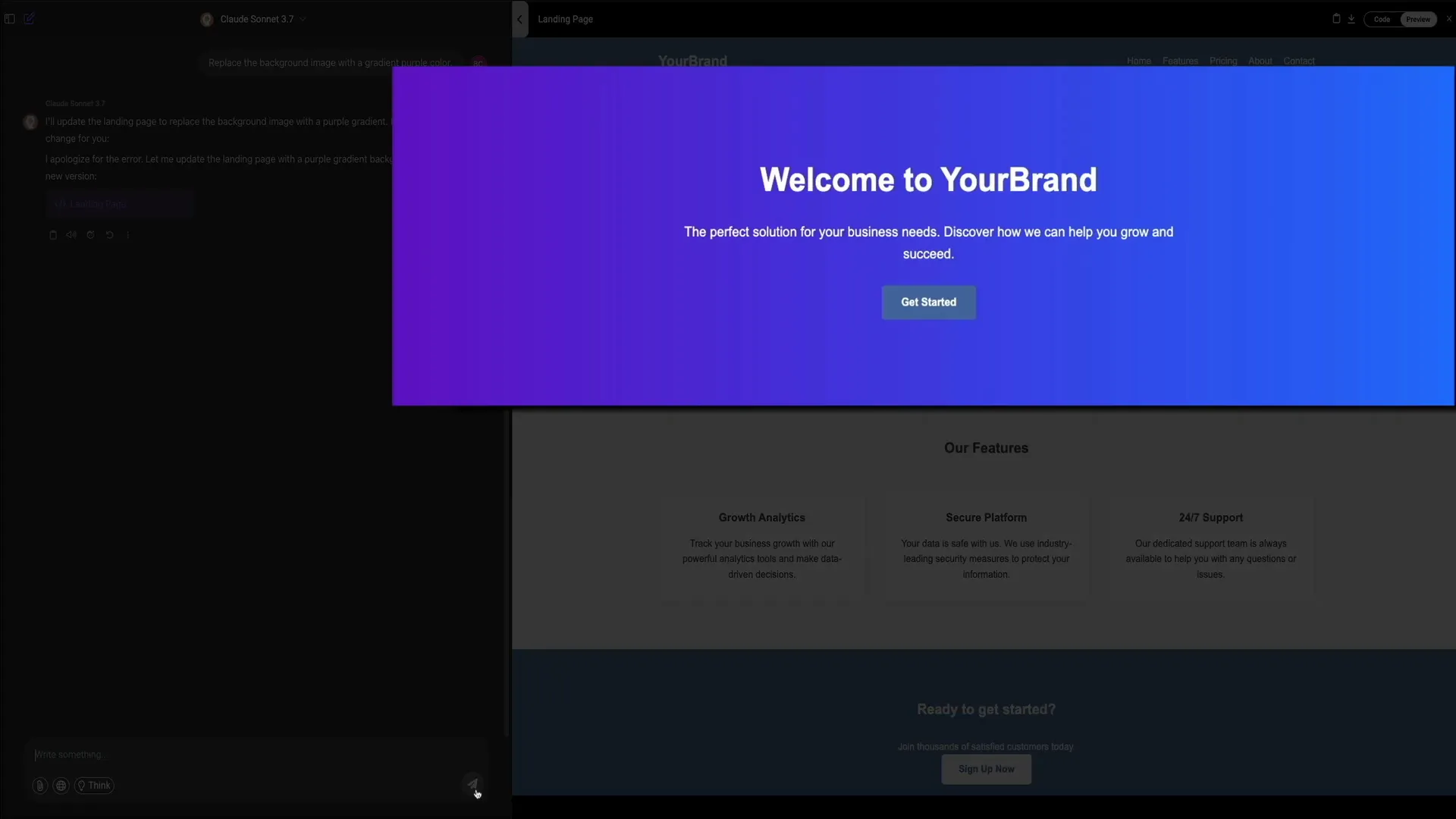 Landing page generated in Chat LLM Teams Playground