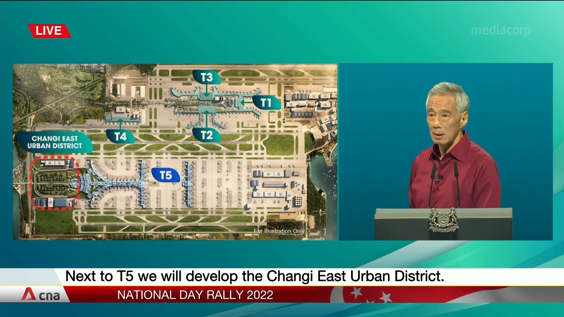 Map showing the size comparison of Changi Airport New Terminal 5 with existing terminals