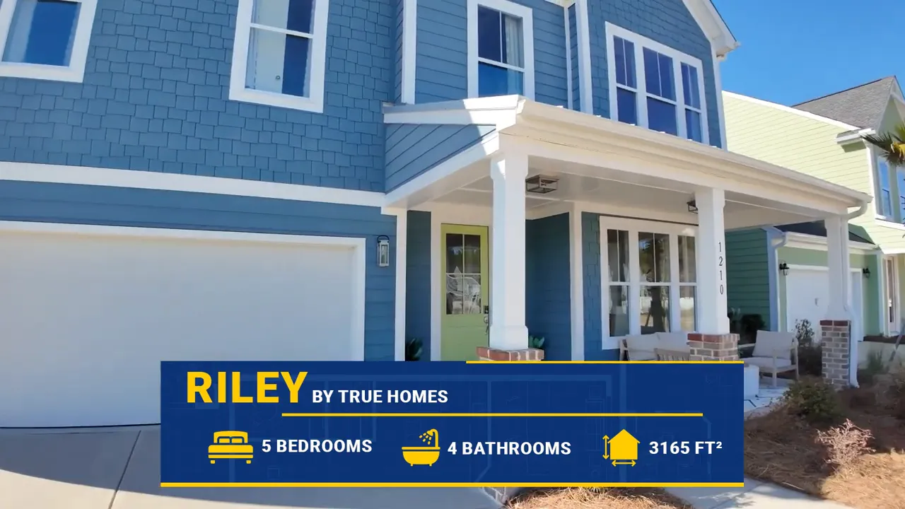 Blue Riley model home with front porch and garage