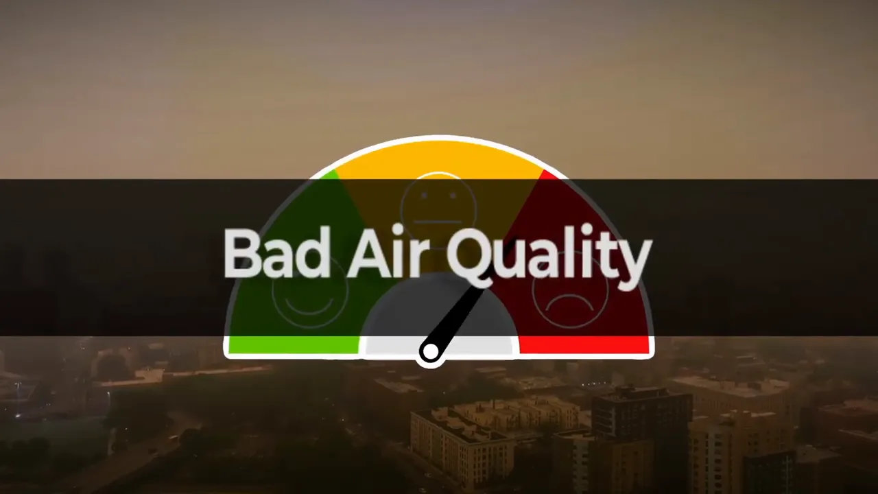 Gauge graphic labeled bad air quality with needle near the red zone