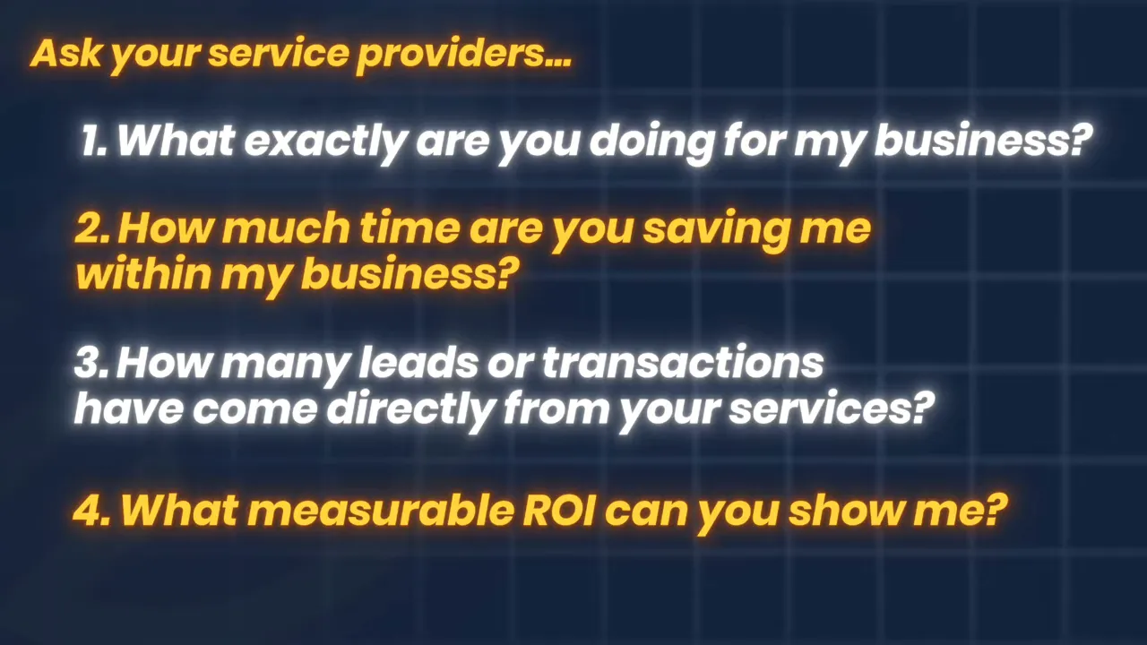 Slide listing three vendor audit questions: '1. What exactly are you doing for my business? 2. How much time are you saving me within my business? 3. How many leads or transactions have come directly from your services?'
