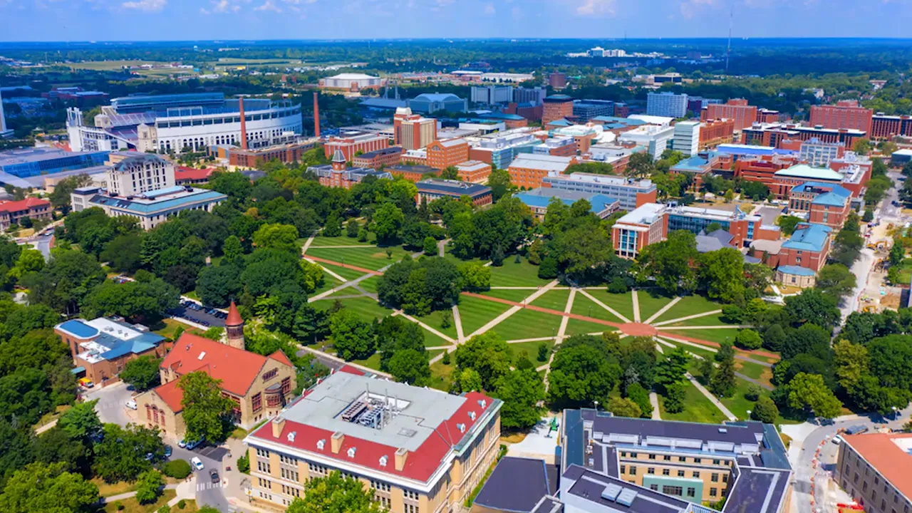 Aerial view of campus grounds labeled Columbus State