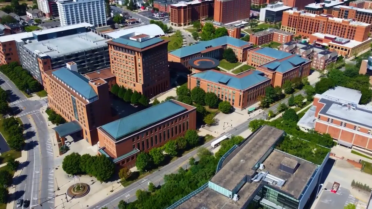 Aerial view of a large brick university campus in Columbus
