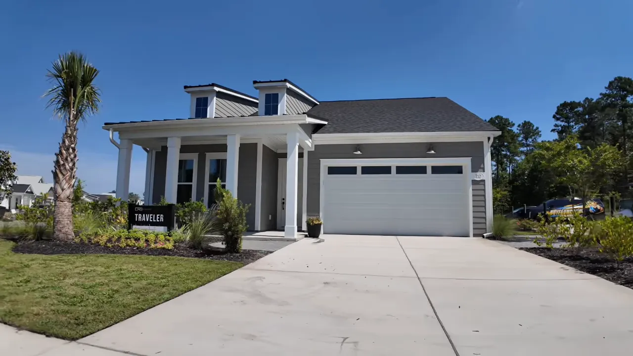 Front view of a single story model home with wide driveway