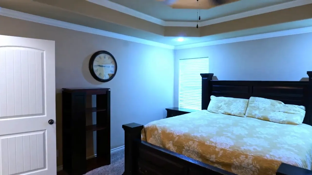 primary bedroom tray ceiling with fan above bed