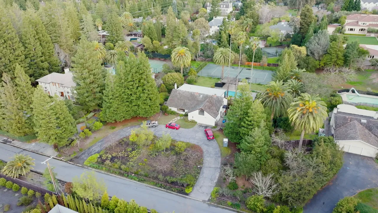 Aerial view of a luxury estate home in Atherton, California priced around $17 million