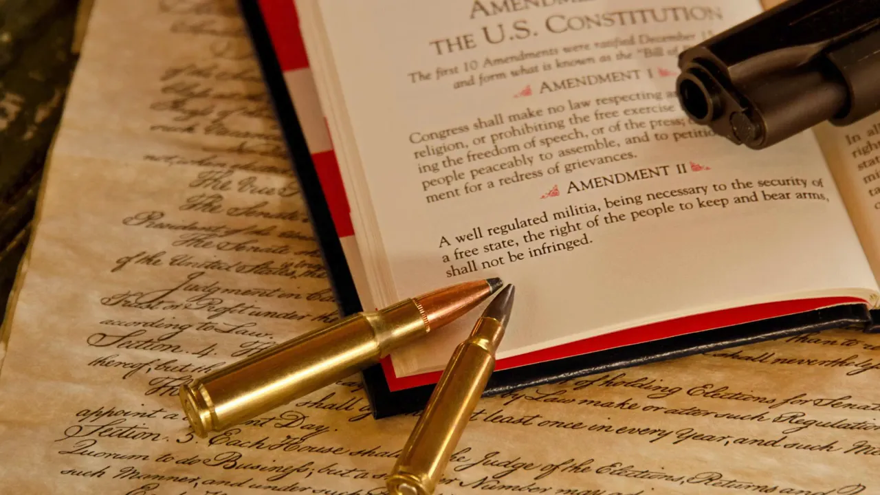 Handgun and bullets resting on a document styled like the constitution with text reading number seven summerville is red