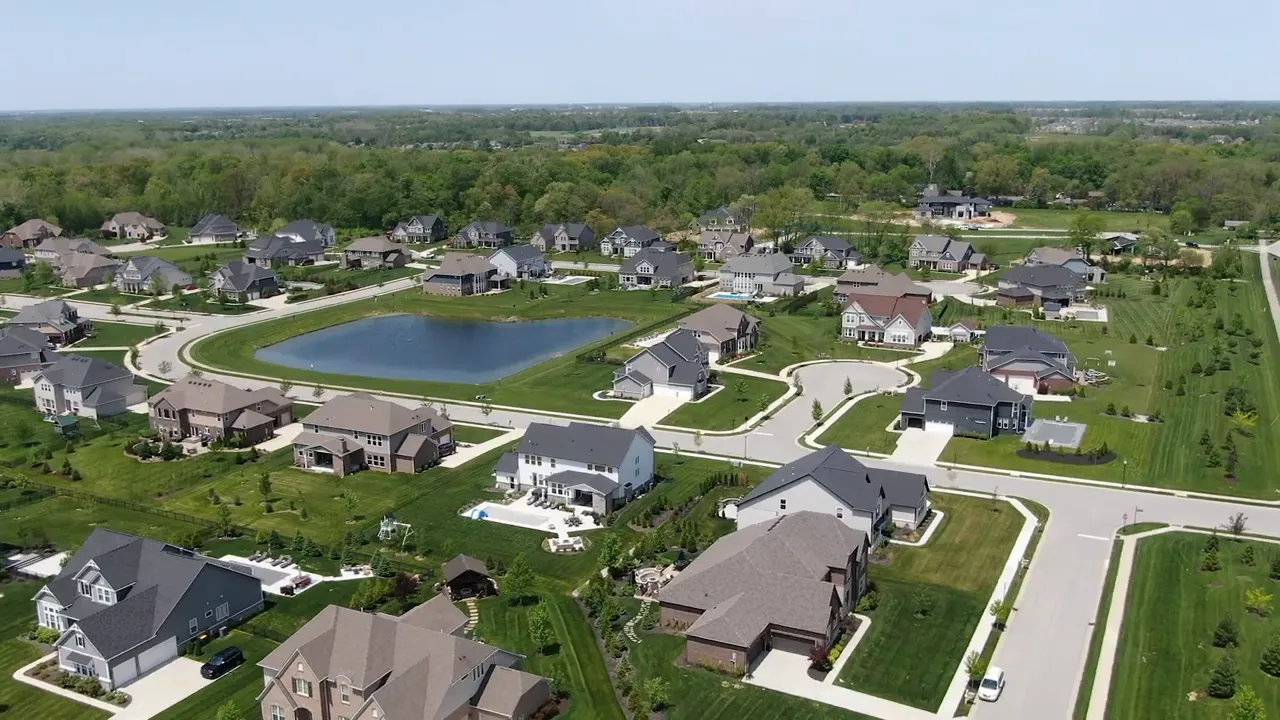 Clear aerial view of the Nickel Plate Amphitheater lawn and surrounding municipal buildings in Fishers, Indiana
