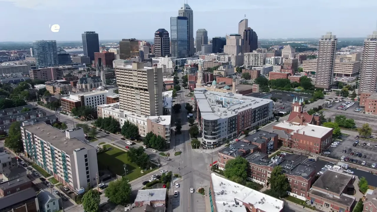 Aerial view of Indianapolis with Massachusetts Avenue highlighted