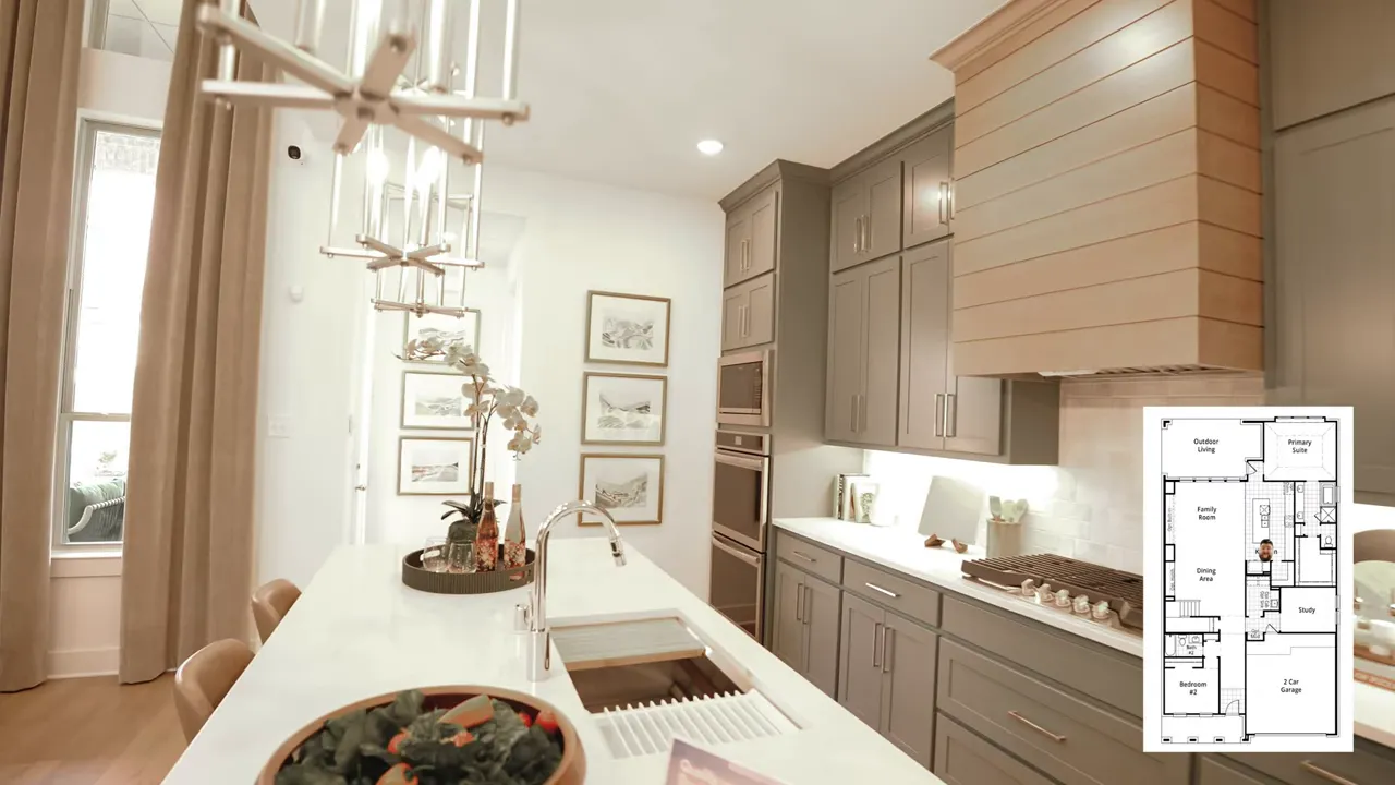Kitchen with tall dark cabinets white counters and wood range hood