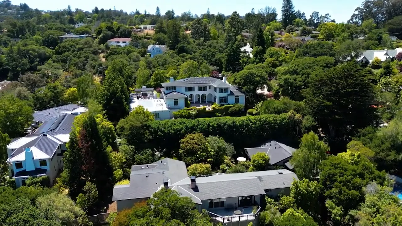 Aerial view over Burlingame residential neighborhood with tree-lined streets