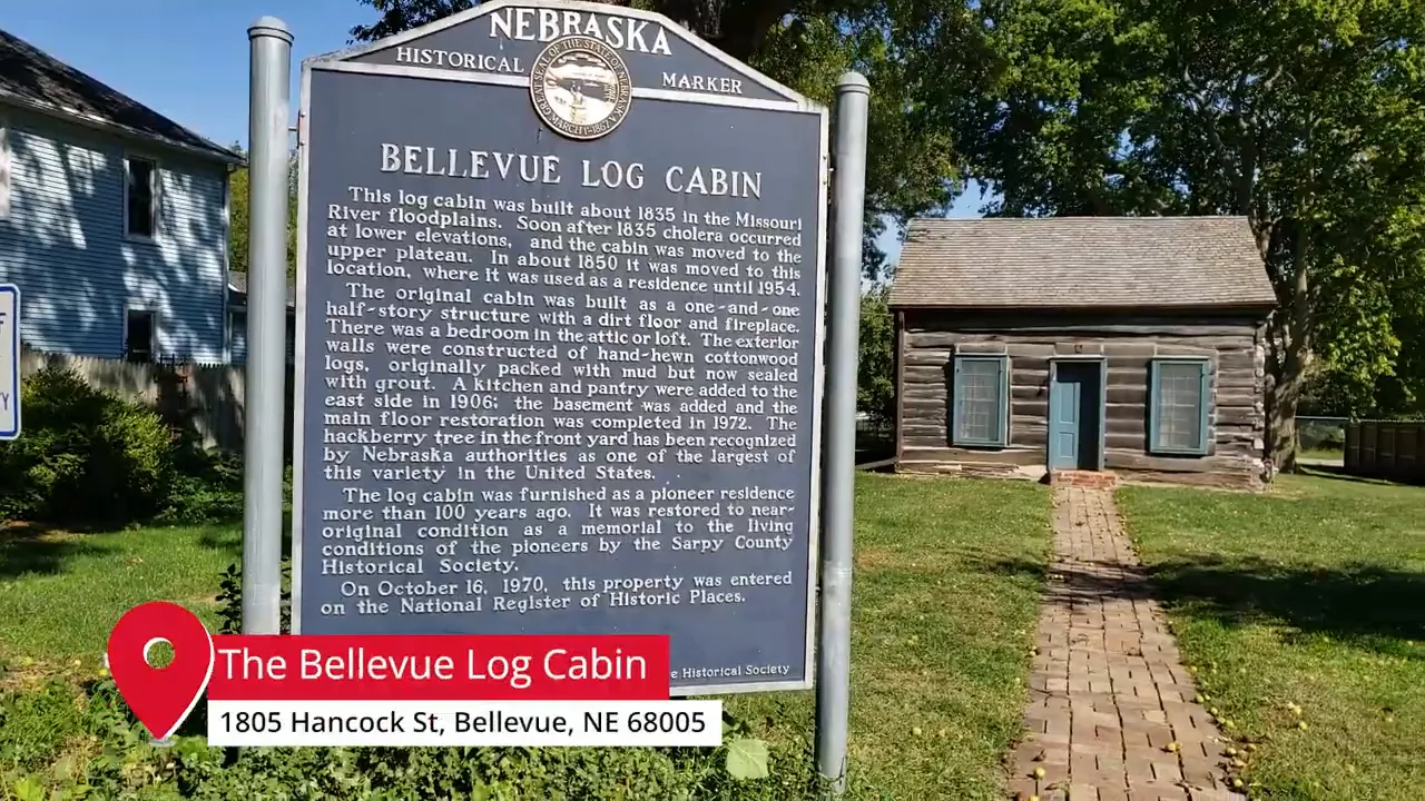 Bellevue Log Cabin Nebraska historical marker at Oldtown Bellevue
