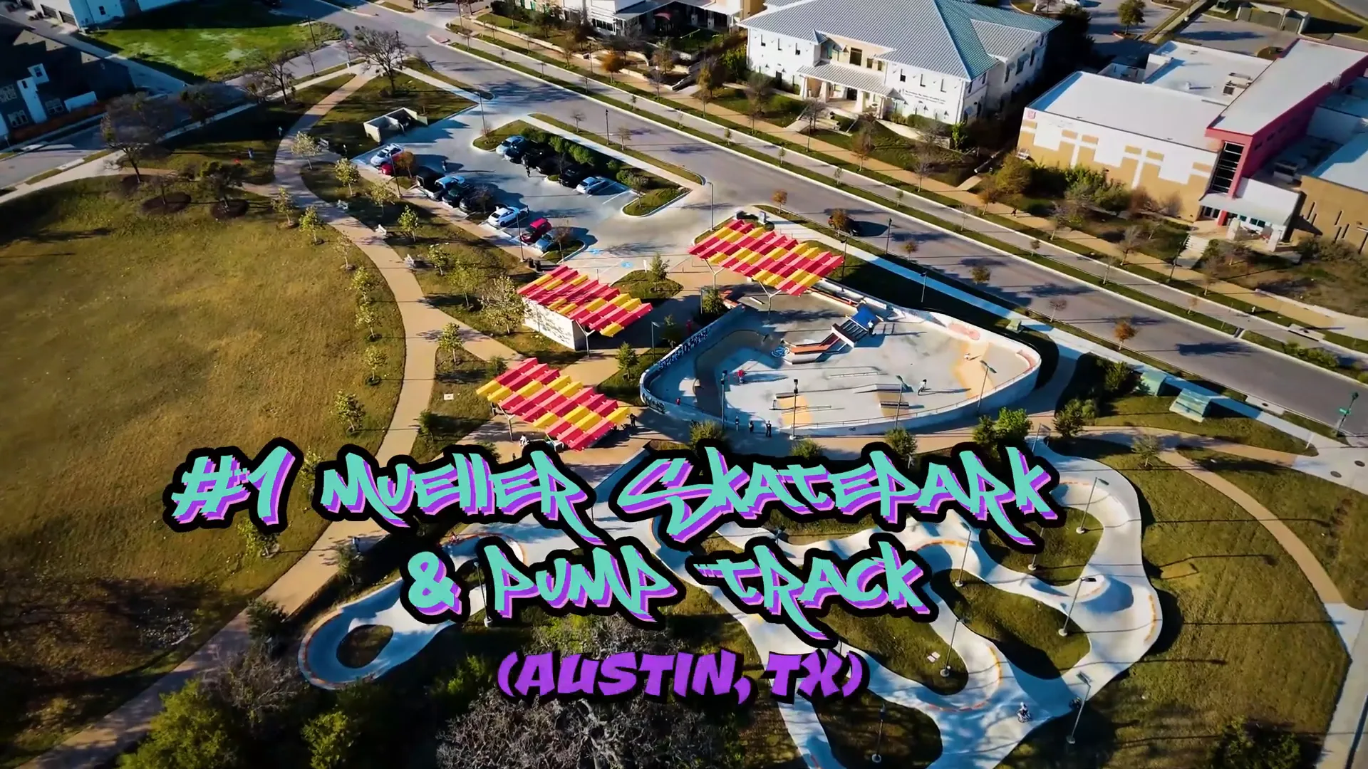 Mueller Skatepark entrance and pump track