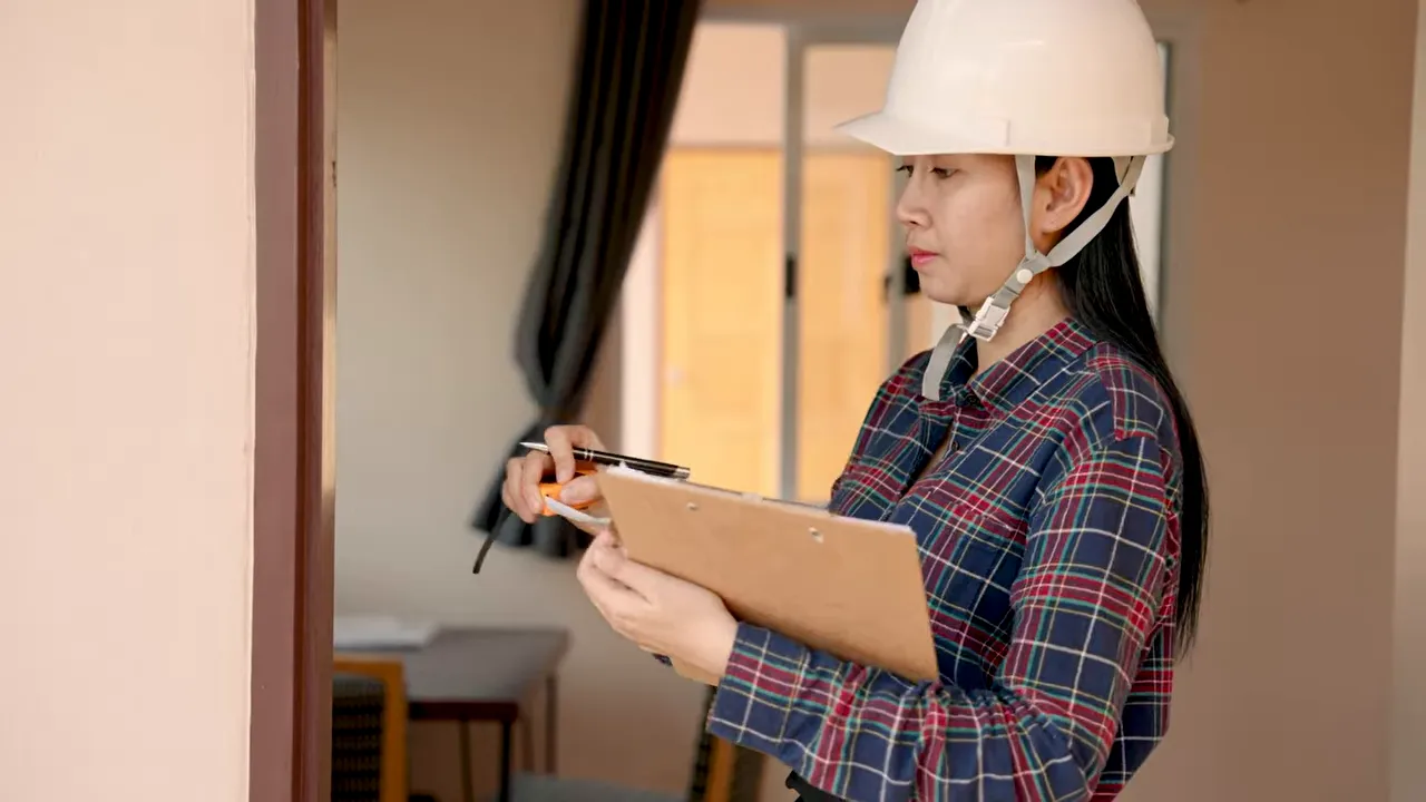 A lady wearing hard hat and holding a clipboard