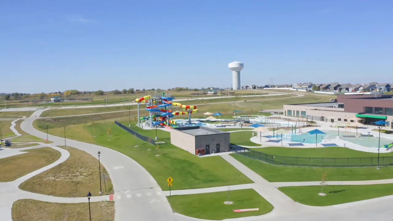 Aerial view of Bennington, Nebraska residential neighborhoods and tree-lined streets