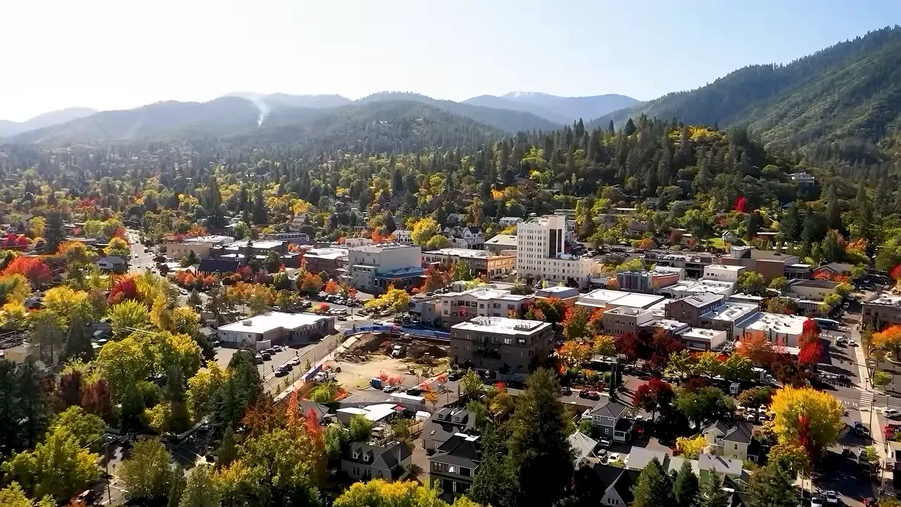 Aerial view of Southern Oregon with slow steady healthy text