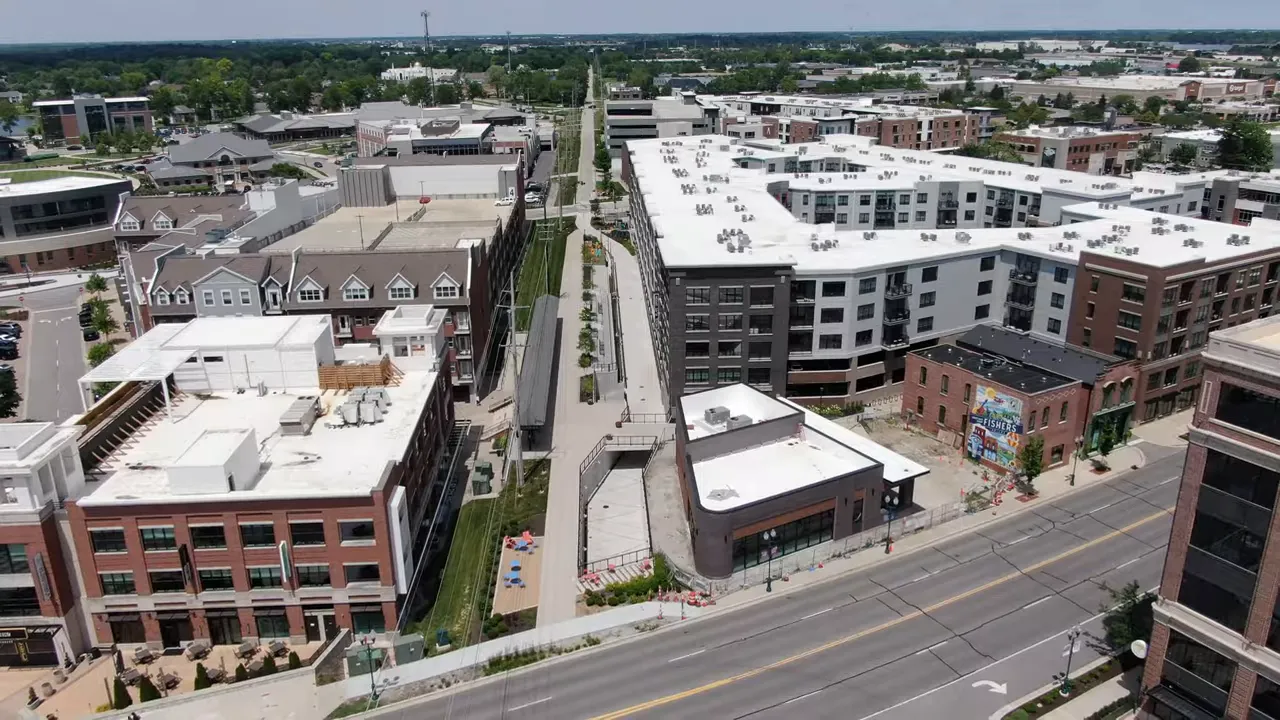 aerial view of the nickel plate trail running through downtown fishers