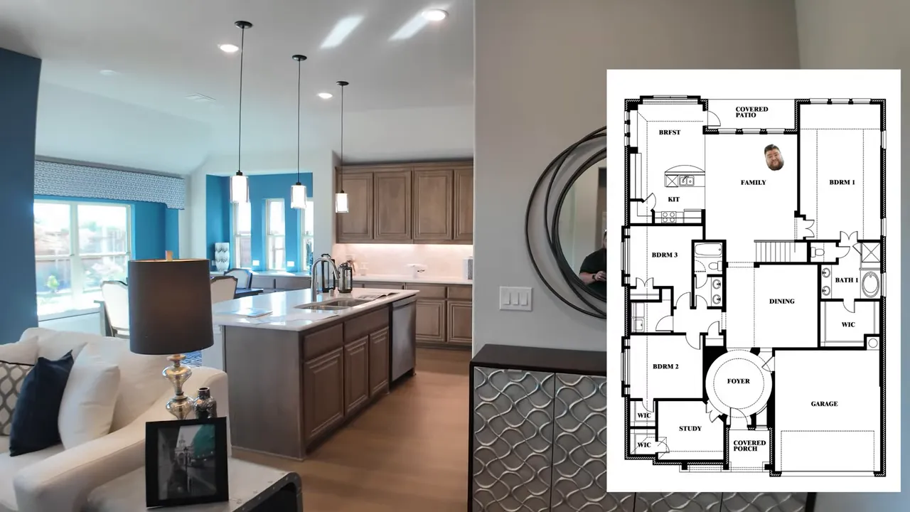 kitchen island and living space with layout diagram inset
