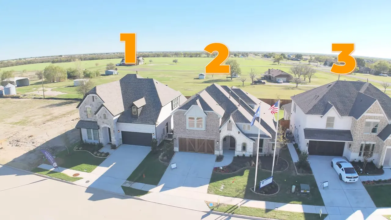 Aerial view of three model homes in Royse City with numbered overlays showing options 1, 2, and 3