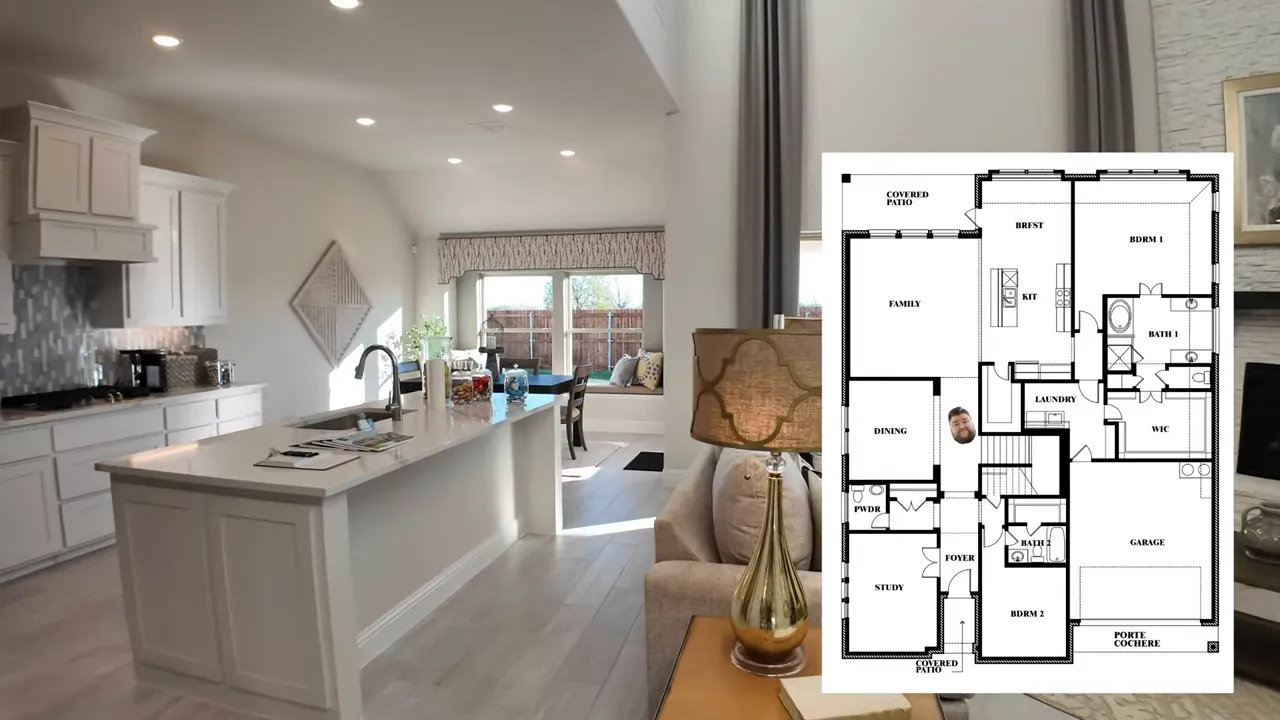 Open foyer leading to the family room with natural light, tile flooring and a floor plan overlay