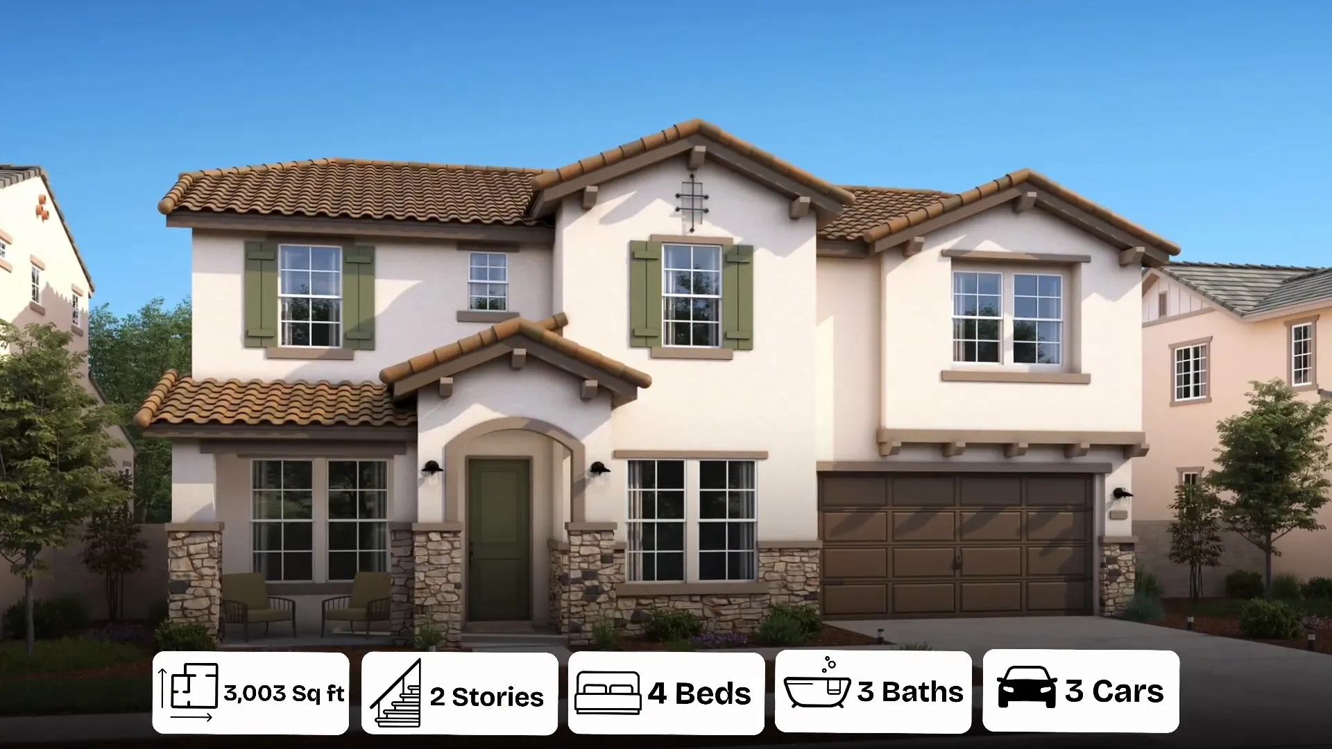 Exterior of single‑story model home with overlay text 'Model Home 2 2,399 SQ FT 1 STORIES 4 BEDS 3 BATHS 3 CARS' on a cloudy day