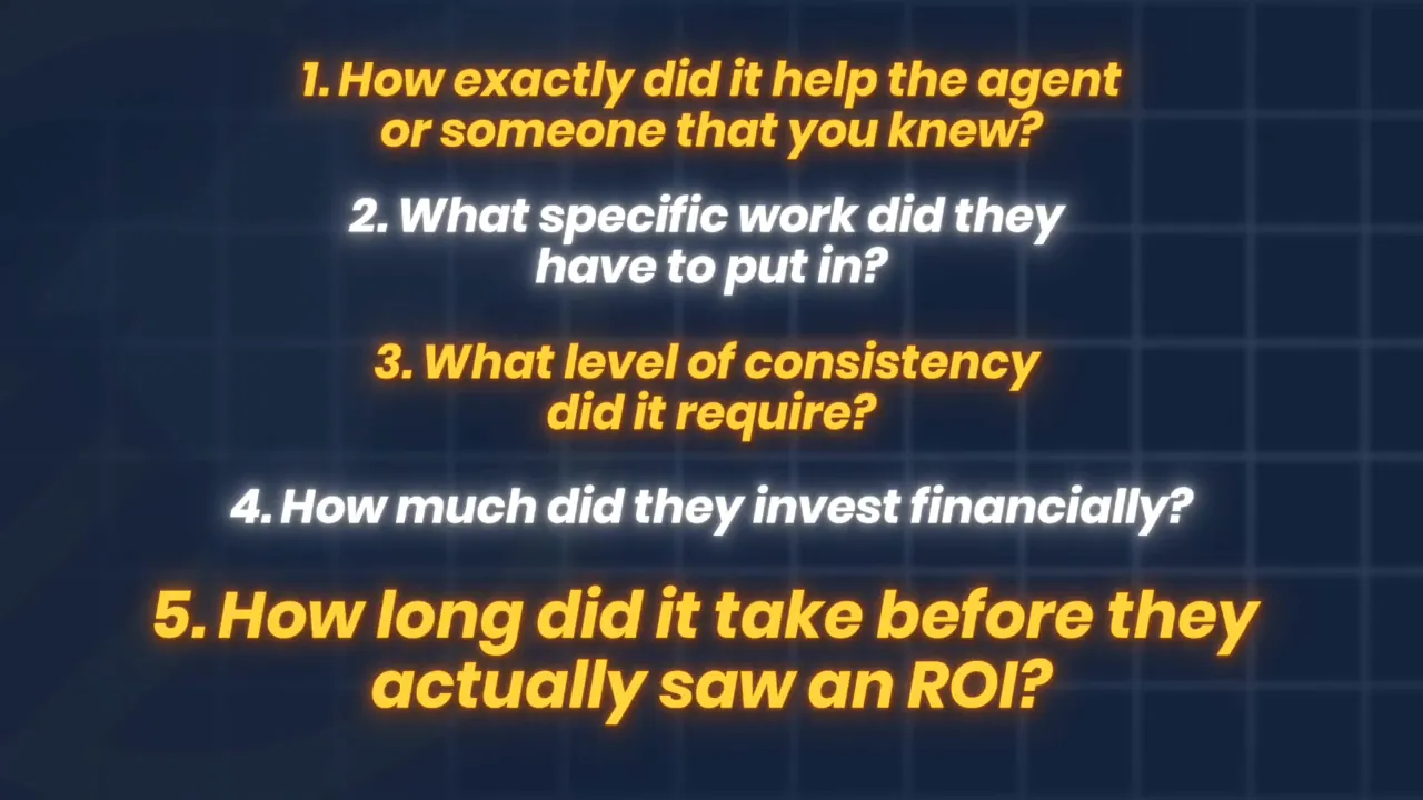 Slide listing: '1. How exactly did it help the agent or someone that you knew?' and '2. What specific work did they have to put in?' on a dark grid background