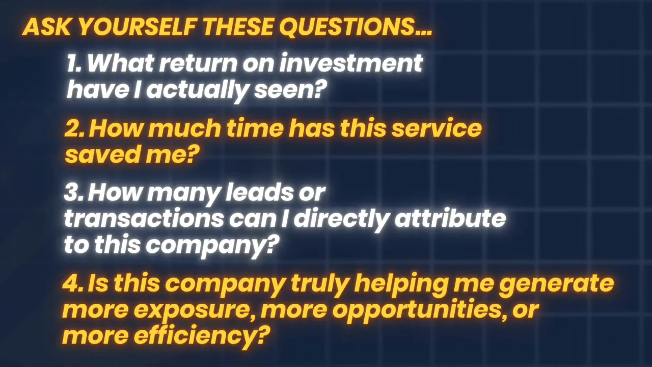 Slide reading 'ASK YOURSELF THESE QUESTIONS... 1. What return on investment have I actually seen?' on a grid background