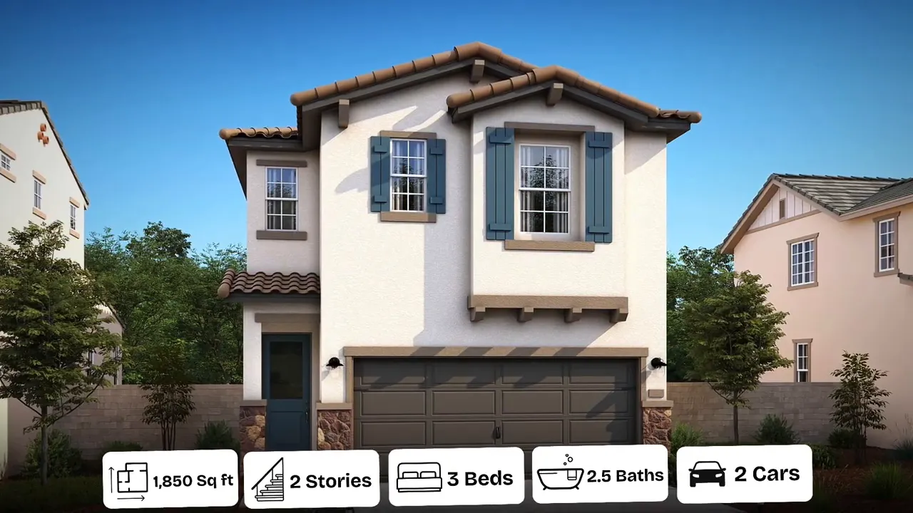 Open-plan living area with kitchen island, dining table and sliding glass door to backyard in a model home