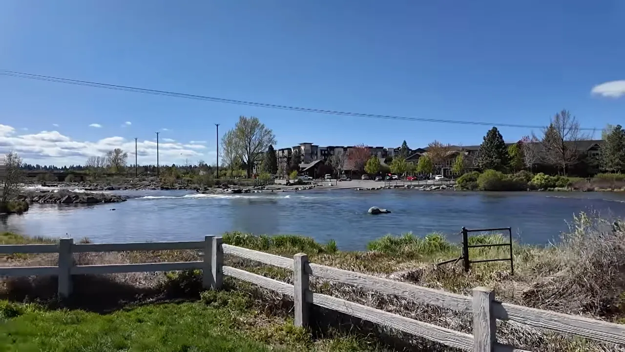 Aerial view of Miller’s Landing along the Deschutes River in downtown Bend Oregon