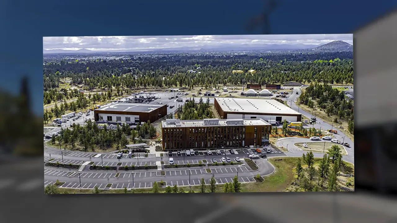 Aerial view of Wall Street and downtown Bend Oregon with nearby landmarks and highlighted route