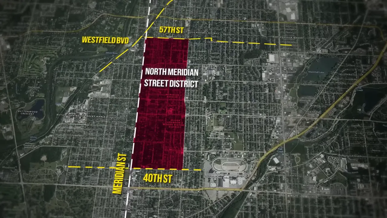 Graphic showing “Where Does the Old Money Live in Indianapolis?” with North Meridian St. District highlighted