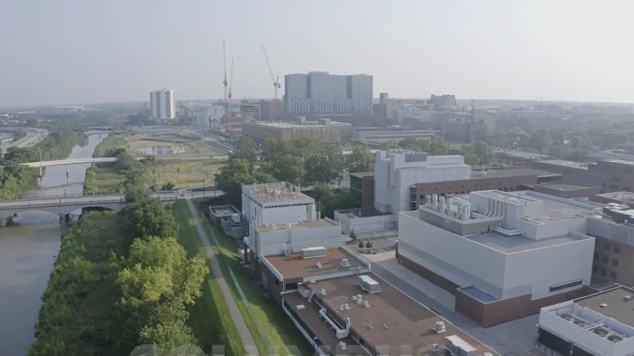 Aerial view of Columbus Ohio skyline with rivers and major buildings