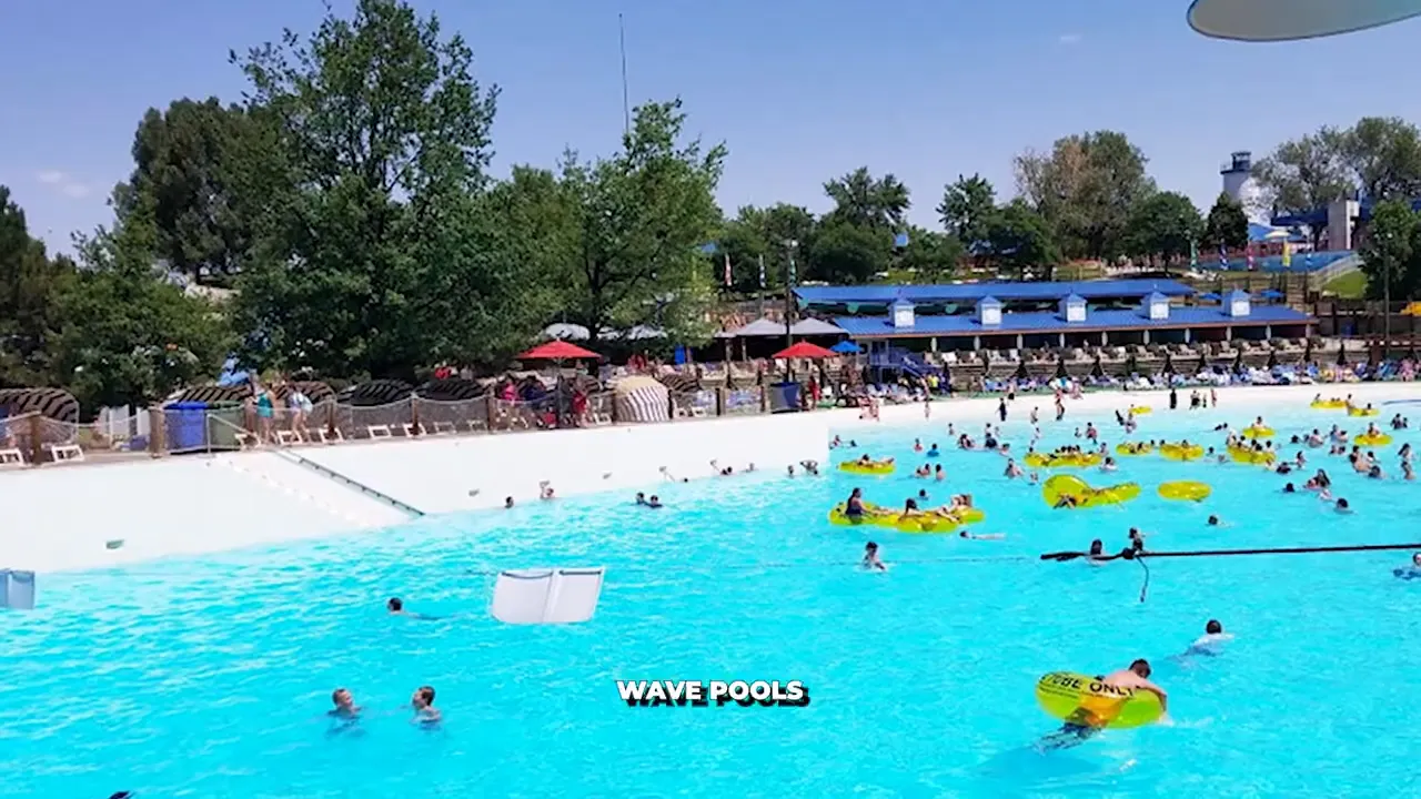 Large wave pool filled with people and the words wave pools on screen