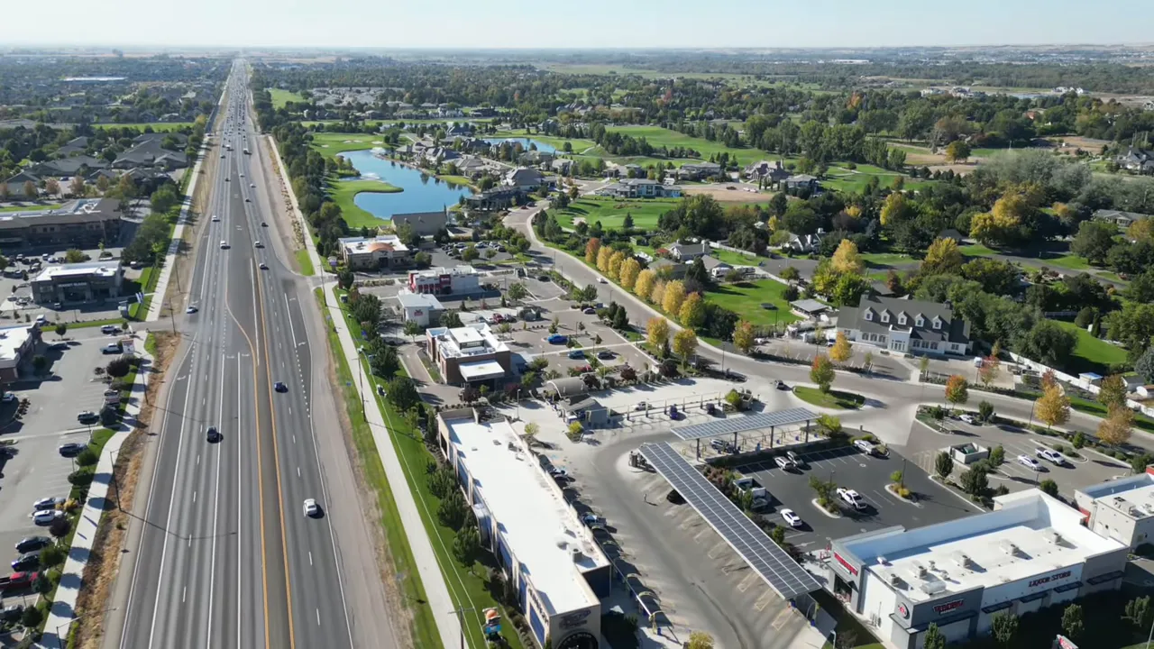 A walkable neighborhood in Meridian with shops and sidewalks