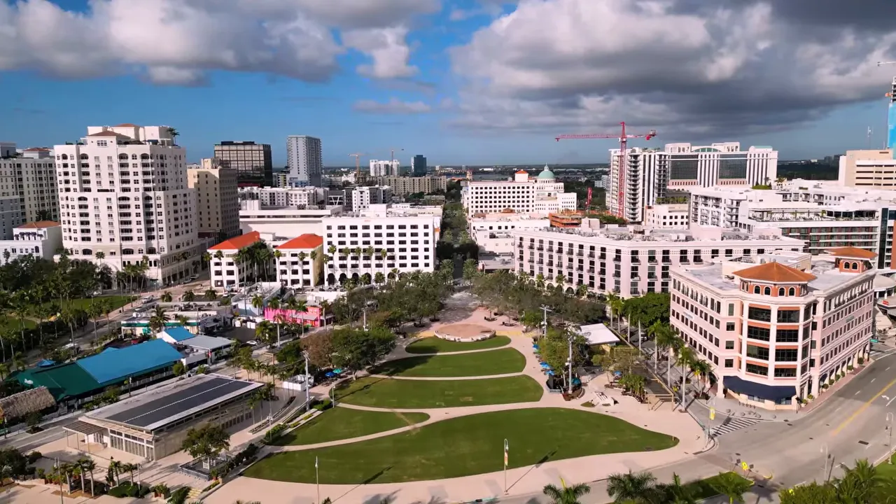 Satellite map of West Palm Beach with highlighted neighborhood boundaries and labels