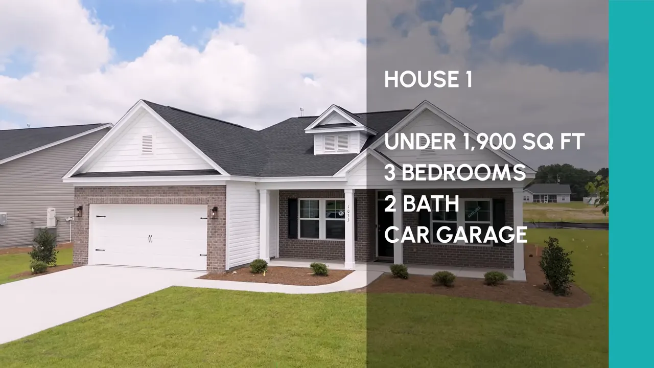 Front view of single-story new construction home with garage, covered porch, and lawn in Longs SC