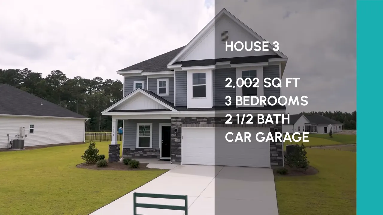 Front exterior of two-story House 3 with on-screen specification overlay showing square footage, bedrooms and baths