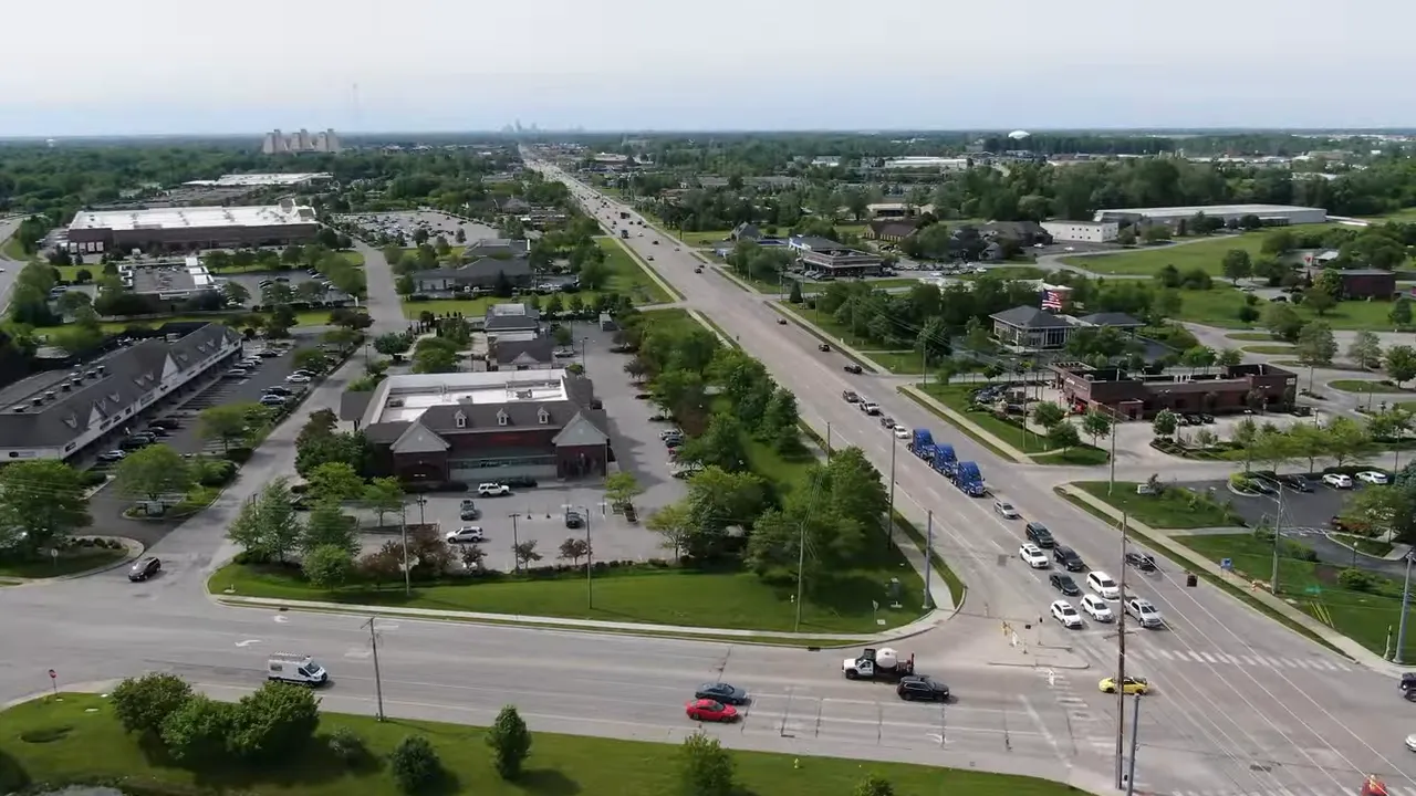Aerial view of Zionsville High School campus in Zionsville, Indiana with parking lots and athletic fields