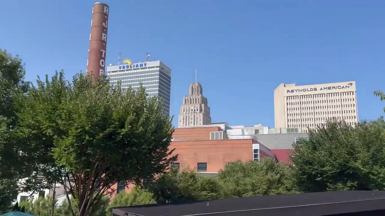 Aerial view of downtown Winston-Salem buildings around a central waterway