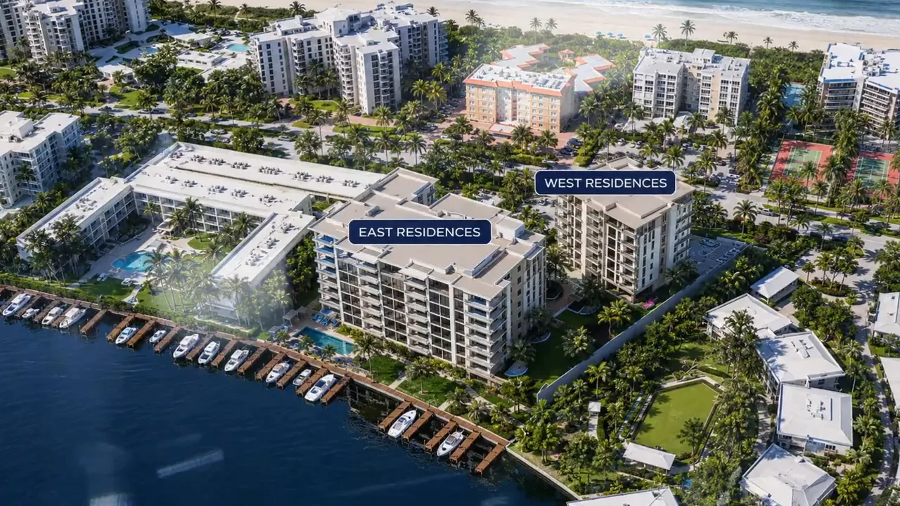 Palm-lined Naples street with modern waterfront buildings