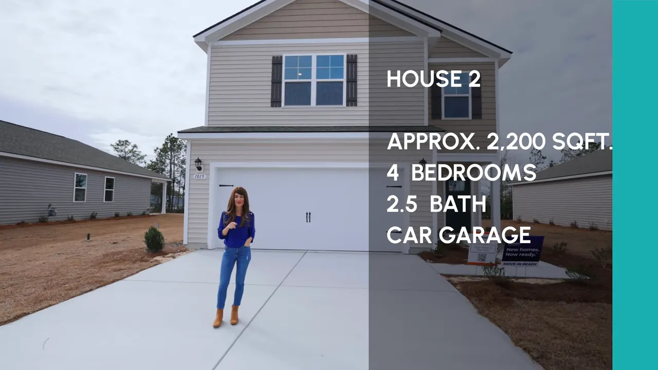 Exterior shot with overlay text: House 2 approx. 2,200 sqft, 4 bedrooms, 2.5 bath, car garage