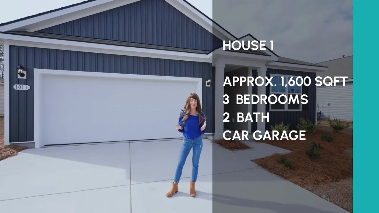 Clear front exterior view of Model A new construction home with two-car garage, covered porch and presenter standing on the driveway.