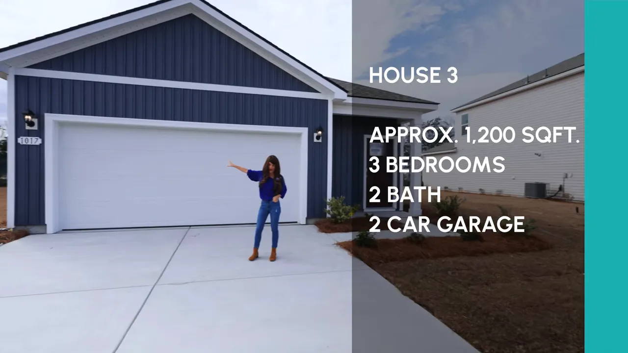 Wide clear exterior shot of compact three-bedroom new-construction home with garage and covered entry.