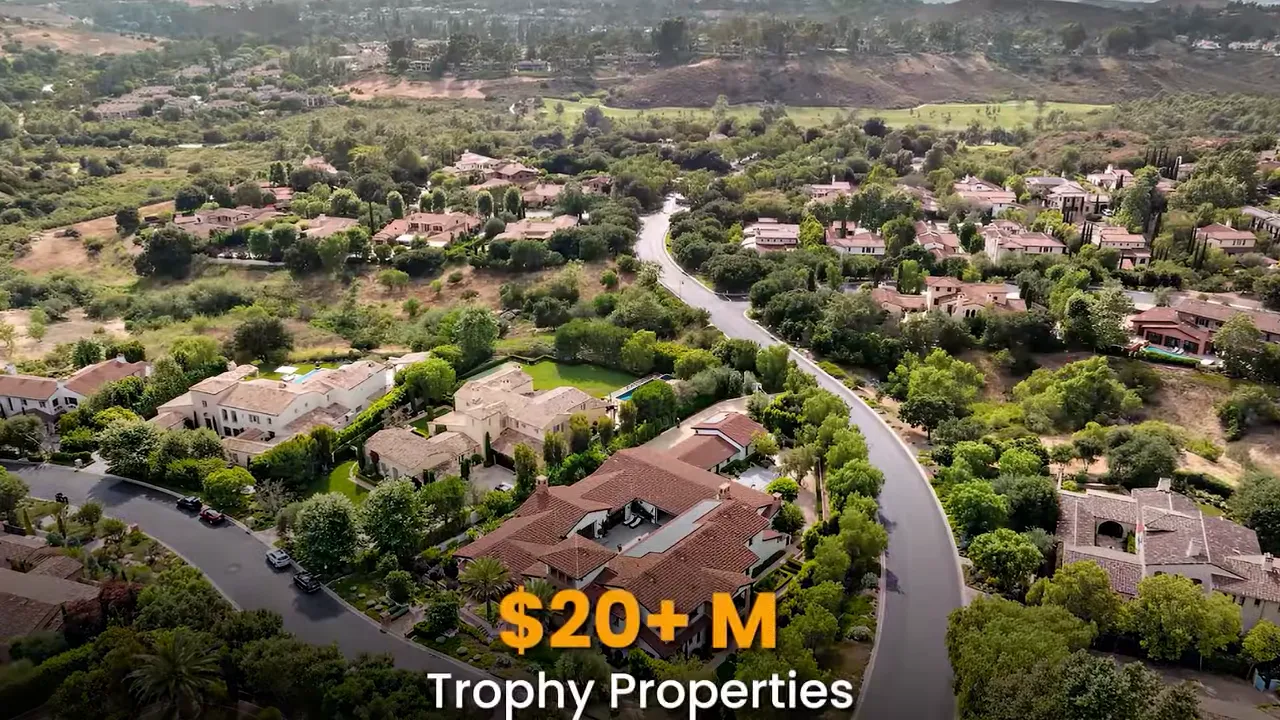 Aerial view of luxury residential neighborhood with $20M+ trophy properties label